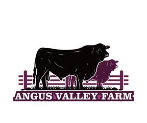 ANGUS VALLEY FARM LOGO, silhouette of big cattle standing vector illustrations