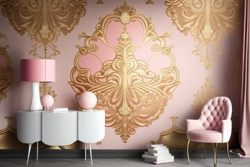 Luxurious Feminine Sitting Room with Armchair and Table with intricate Gold and Pink Wallpaper Generative AI