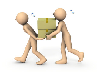 ダンボールを協力して運ぶ二人のキャラクター