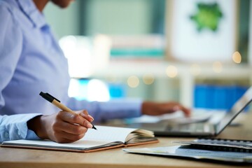 Hands, writing or notebook for company budget, financial data or insurance accounting in business...