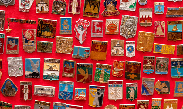 Lipetsk, Russia - January 23, 2023: Badges and orders of the USSR in the Autolegend museum.
