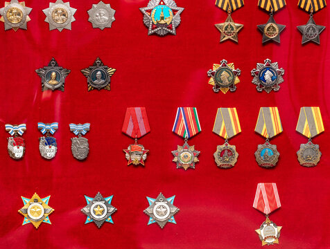 Lipetsk, Russia - January 23, 2023: Badges and orders of the USSR in the Autolegend museum.