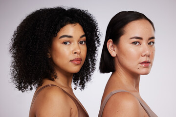 Women, face and diversity with portrait, skincare for different skin color and unique with beauty isolated on studio background. Natural cosmetics, glow and dermatology, inclusion and facial care