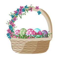 Cartoon easter baskets with painted eggs and spring flowers. Wicker basket full of chocolate egg, springtime holiday gift hampers vector set. Illustration of easter basket for holiday