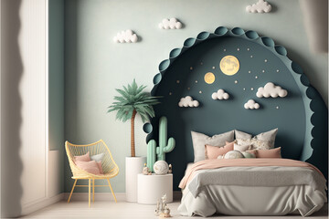 Dreamy Bedroom Oasis for Kids' Room design interior. Empty wall mockup, Generative AI
