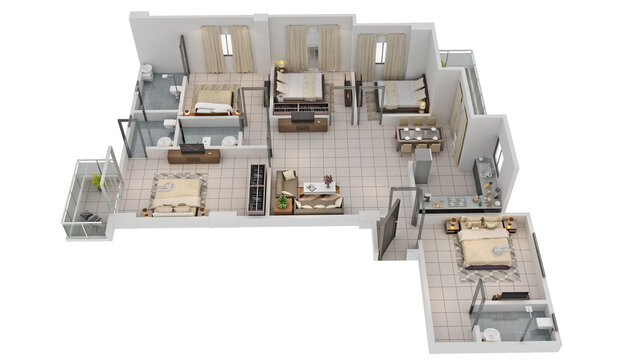 3D rendering floor plan of architecturally furnished residential apartment top view. Bedrooms, Bathrooms, Kitchen, Balconies. Architectural CAD Floor plan top view illustration.