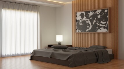 Modern minimalist bedroom on 3d rendering. 3d render elegant interior illustration