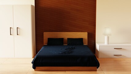 Comfortable modern minimalist bedroom interior with furniture on 3d rendering. 3d elegant interior concept