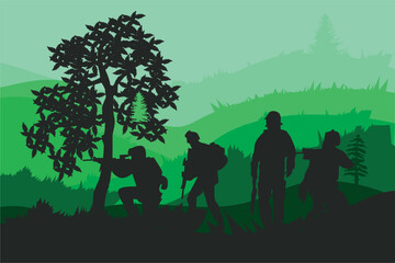 Fototapeta na wymiar vector silhouettes of soldiers,Police, cowboy, group 1 team various styles holding weapons, preparing for battle, fight, style, green clothes isolated on forest background
