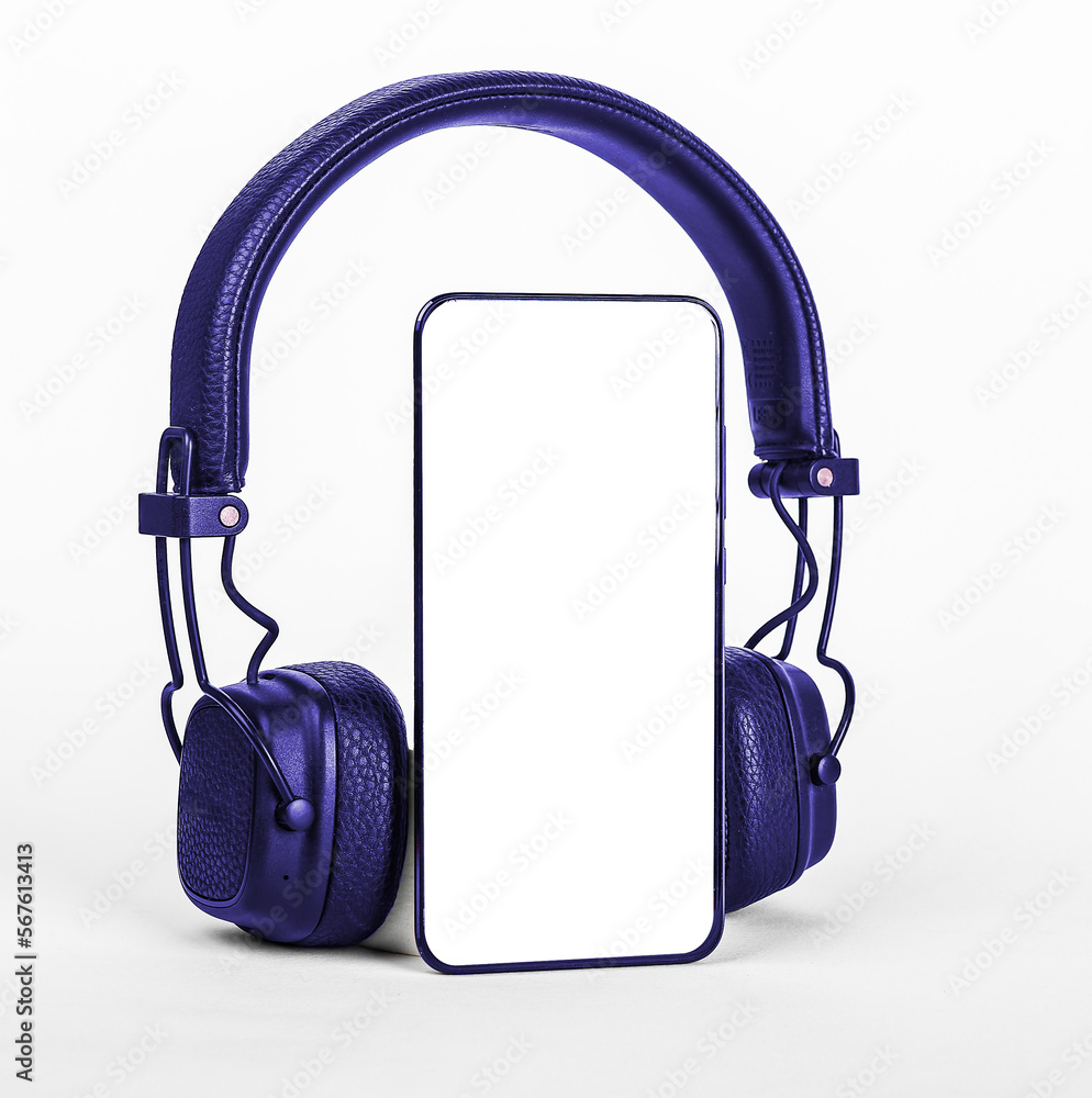 Poster Phone screen mockup and headphones for mobile application, audio app ads. Empty blank smartphone display mock up