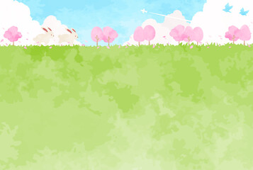 かわいいウサギと桜並木と春の風景イラスト