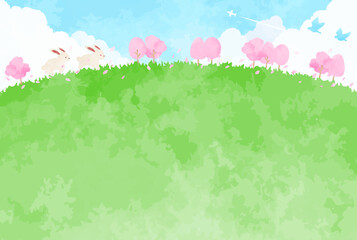 手描きの桜並木とウサギの春の風景イラスト