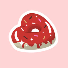 Obraz premium Heart-shaped donut covered with glaze and sprinkled with sweet crumbs. Happy Valentines Day. All lovers Day decoration element. Delicious food, sweets. Flat style in vector illustration. Isolated.
