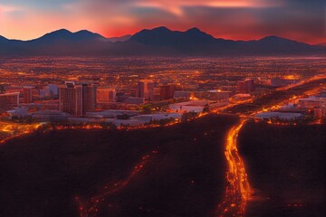 Tucson Arizona city skyline in downtown at dusk. Generative AI