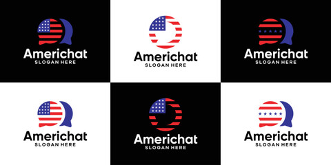 Collection of chat bubble logo design template with American flag design vector illustration. icon, symbol, creative.	