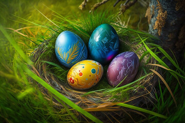 Multi-colored painted Easter eggs in a nest on a forest glade in the grass on a bright sunny day