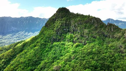 Aerial view Olomana Ridge, Three Peaks Trail, Oahu windward side. Drone Hawaii. day hike near Kailua. nature tourism destination landmark. 