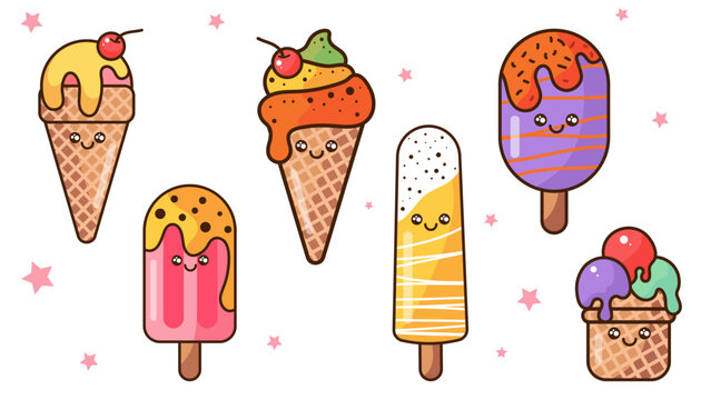 Set of cute sweet ice cream in cartoon style. Vector illustration of funny kawaii ice cream characters with different toppings and shapes and stars isolated on white background.