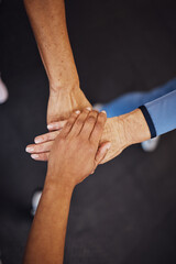 Teamwork, top view and senior women hands together for team building, motivation and unity....