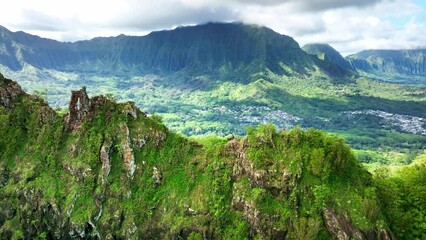 Drone Hawaii. Aerial view of Oahu windward side. Olomana Ridge, Three Peaks Trail, mountains landscape in Kailua. Tropical paradise vacation travel.