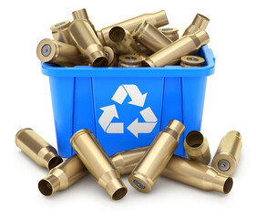 Brass bullet shell in plastic crate recycling concept - 3D illustration  - 567615291