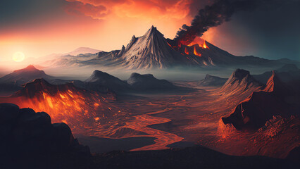 fantasy sunset in the volcano mountains