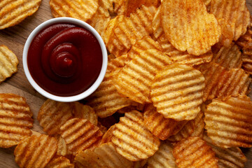 Barbeque Potato Chips, top view. Flat lay, overhead, from above.