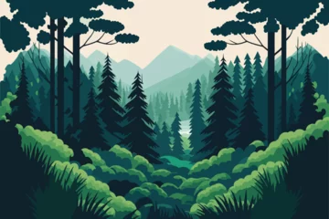 Rolgordijnen Landscape of nature green forest mountain. Vector illustration © Vibrands Studio