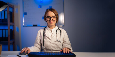 POV screen of young female doctor live speak looking at camera work in online clinic. Digital telehealth telemedicine, consult service app on computer. - obrazy, fototapety, plakaty