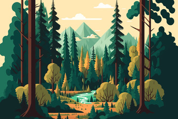 Landscape of nature green forest mountain. Vector illustration