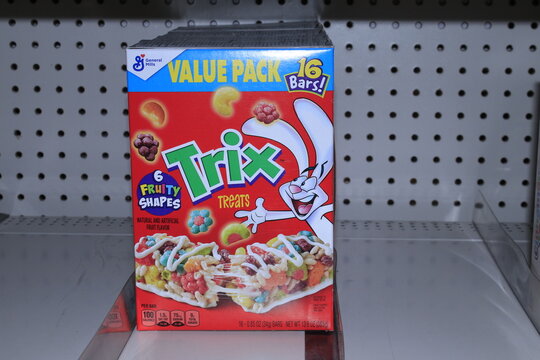  General Mills Trix snacks in a box on a shelf 