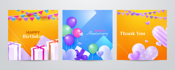 Naklejka premium Colorful happy birthday anniversary thank you greeting card square background. Vector illustration. Romantic background with cute love balloon flag sale banner template, greeting card. Place for text.