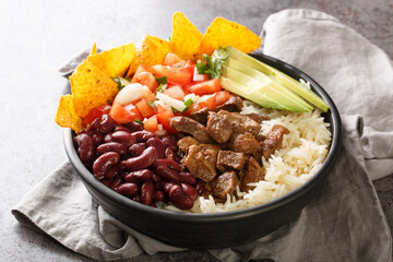 Costa Rican chifrijo is a layered dish of tender beans topped with chicharron and chimichurri served with tortilla chips closeup on the plate on the table. Horizontal