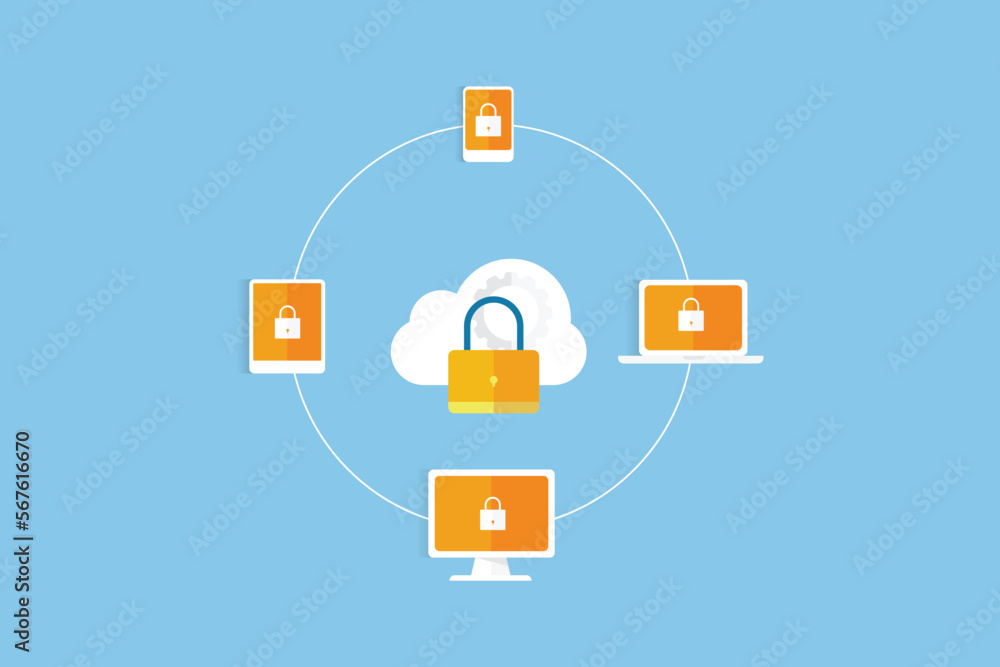 Poster digital devices connected through secure cloud network, online communication cloud computing server 