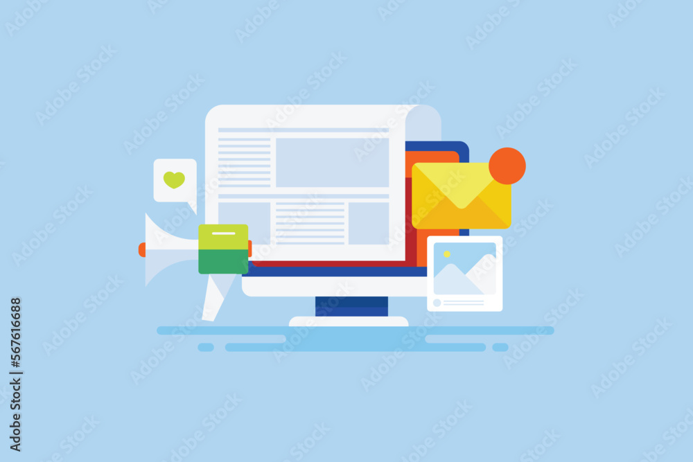 Poster blog post article on pc screen, sending newly publish content to subscribers via email, posting cont