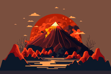 Volcanic eruption flat vector illustration. Landscape with volcano.