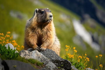 Wild marmot in its natural environment of mountains. Post-processed digital AI art	