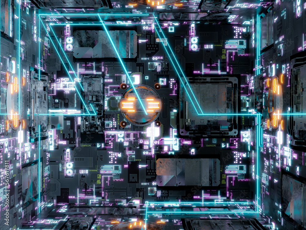 Poster futuristic computer surface environment studio 3d render illustration