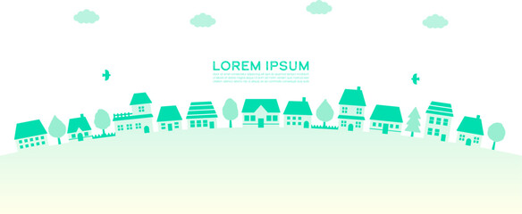 Vector illustration of a small town with trees, houses and clouds