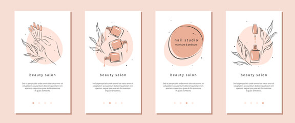 Nail studio or salon icon set for mobile apps, social media posts and stories. Beautiful female hands, color samples nail polish. Vector illustrations