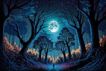 wallpaper of a forest at night with the bright moon acrylic painting Generative AI