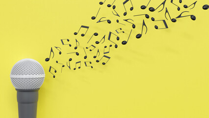 3D illustration of microphone and music notes isolated on yellow background with clipping path.