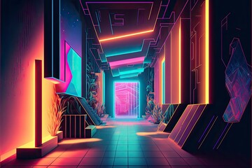 A dreamlike interior scene, with bright fluorescent lights, geometric shapes, and vibrant colors