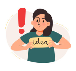 A woman holds a sign with the inscription idea. The concept of a business idea, startup, organization, brainstorming. Vector illustration isolated on a white background