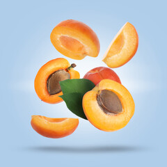 Delicious ripe sweet apricots falling on pale light blue background