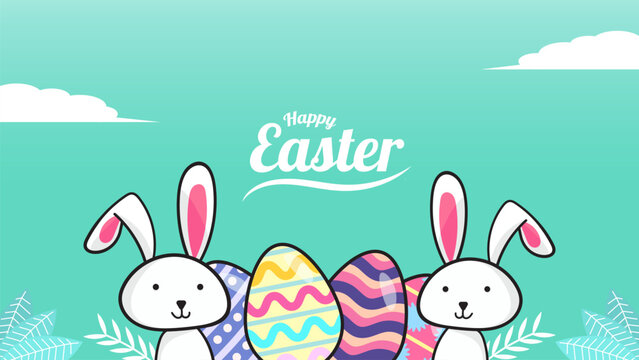 Happy Easter Background Template With Rabbits, Egg and Leaf. Suitable for your Design, Invitation, Poster, Banner, Wallpaper, Postcard, Brochure, Social Media Template. Vector Illustration