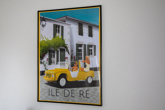 Ile de Re and mehari citroen car france travel poster city island landscape with colored style for tourism poster print