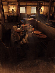Fantasy tavern interior with a wooden table and plates at night. 3D render in DAZ Studio.  - 567618441