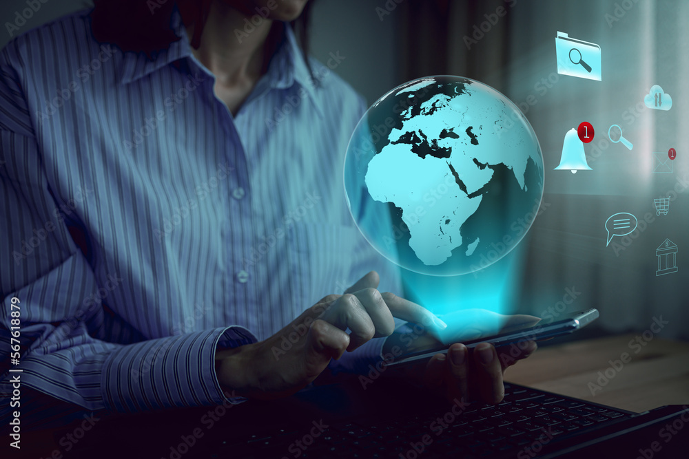 Poster virtual global internet connection metaverse. business global internet connection application techno