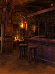 Dark scene with a counter and wooden stools in a fantasy tavern. 3D render in DAZ Studio. 